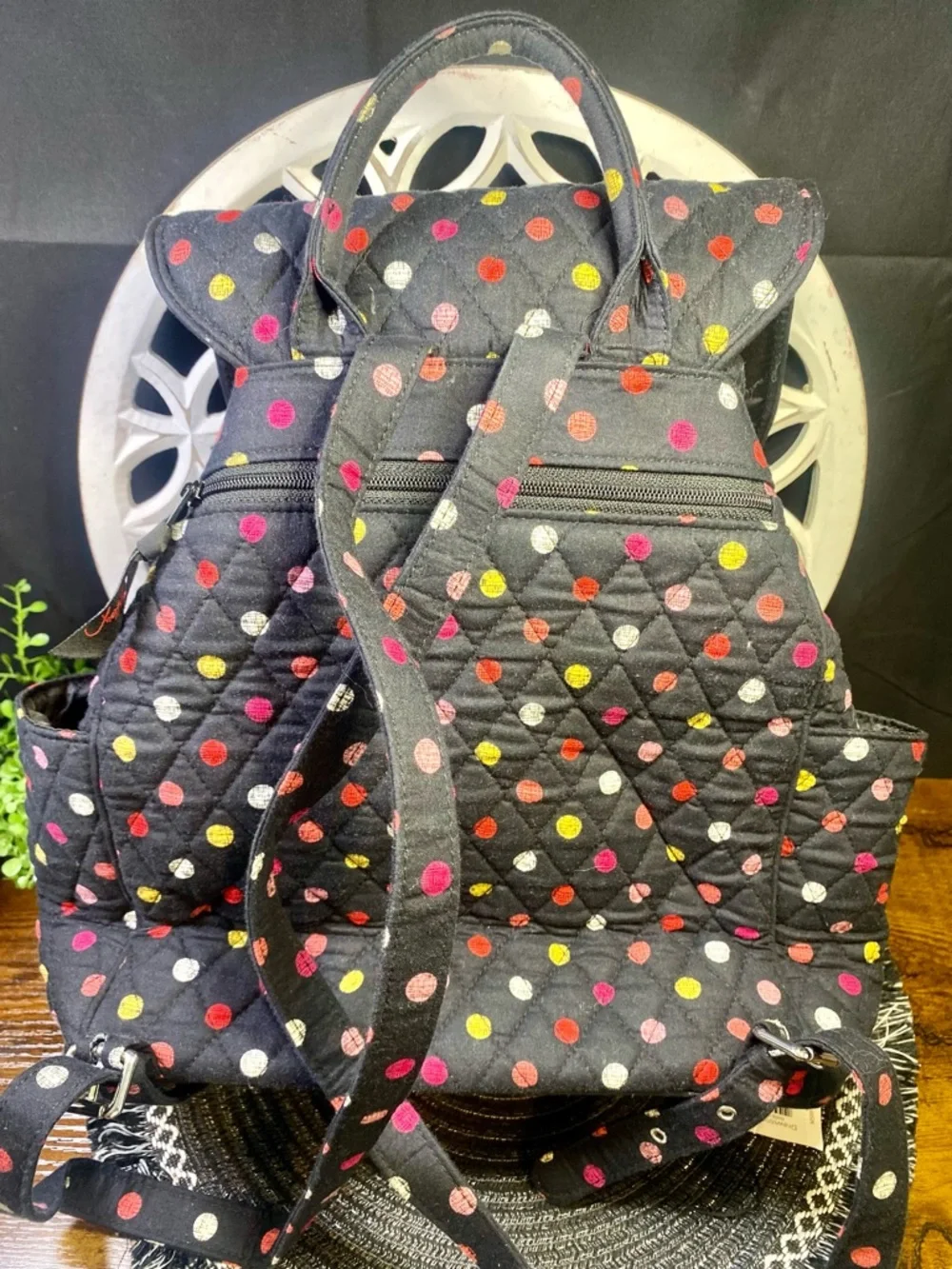 NWOT Vera Bradley Havana Dot Black Quilted Backpack‎ with Multicolor Dots